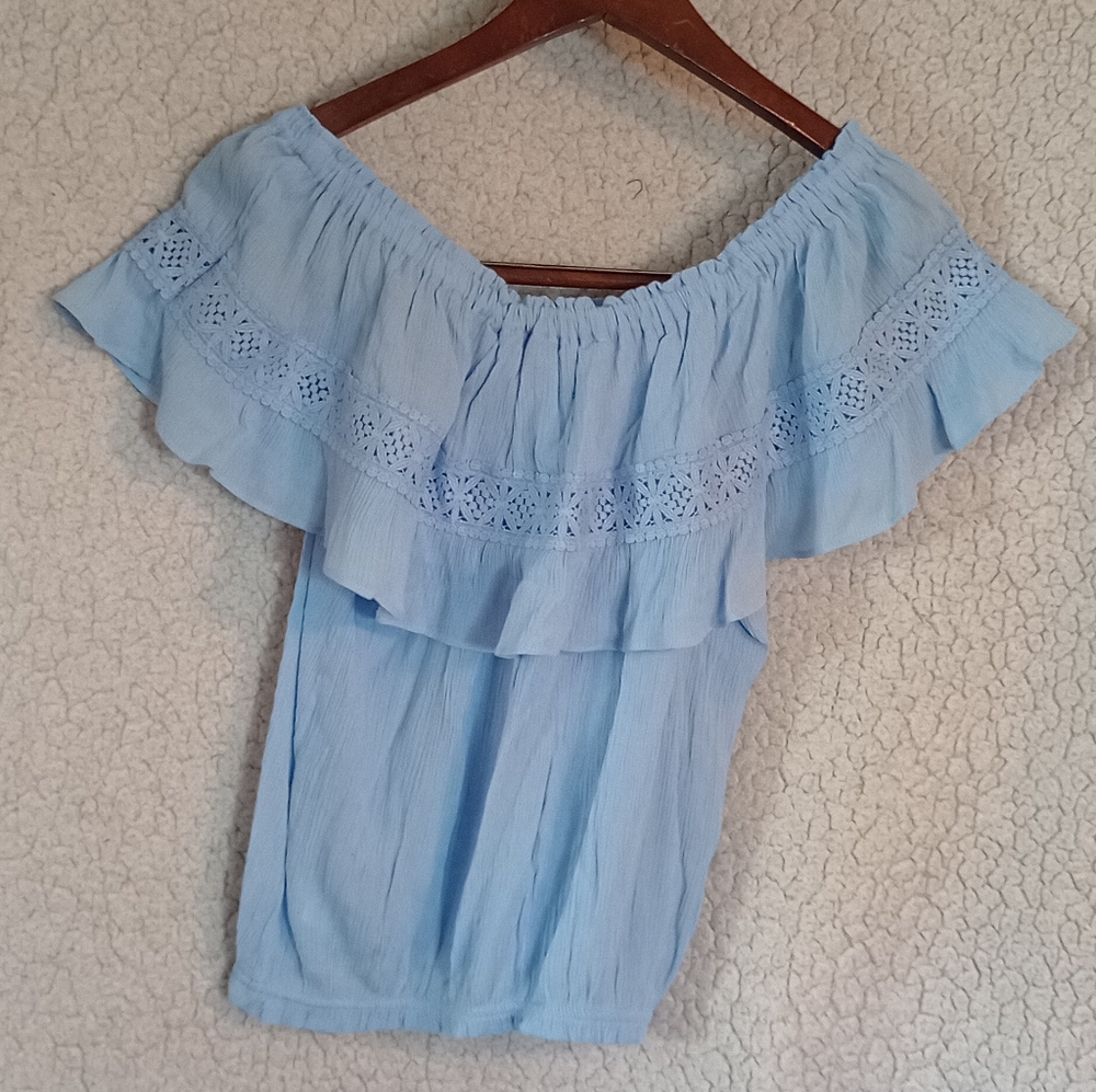 No Boundaries Blouse Womens Size S Blue Noho Ruffle Off Shoulder Flowy Comfy
